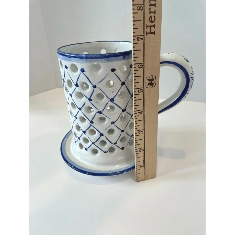 Portugal Hand Made/ Hand Painted Blue White Pierced Lattice Candle Holder